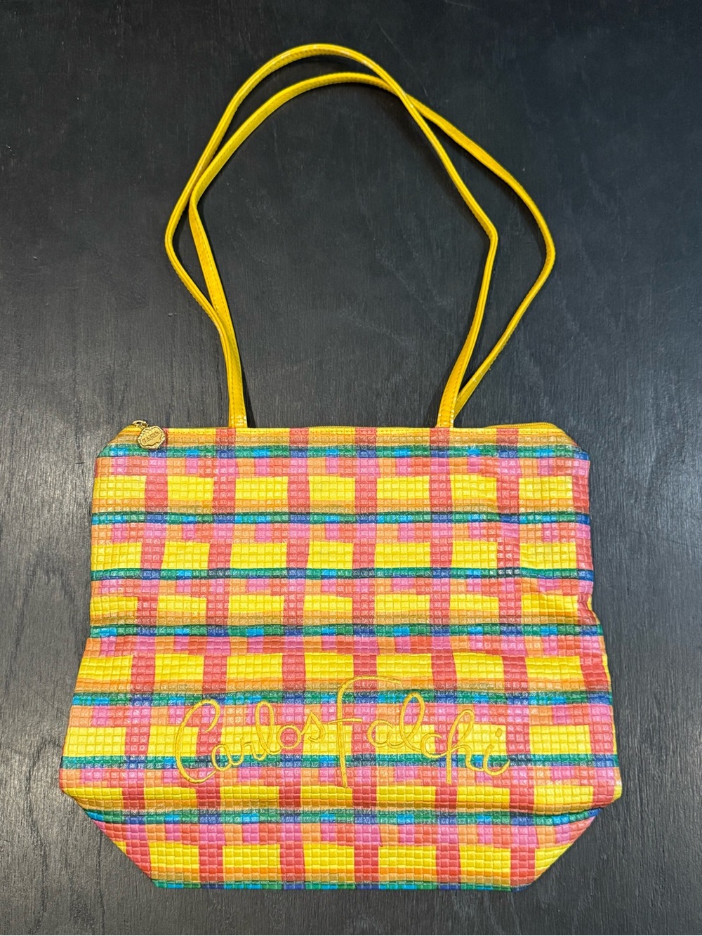 Vintage 1980s Carlos Falchi Leather Faux Woven Plaid Tote Bag As Is